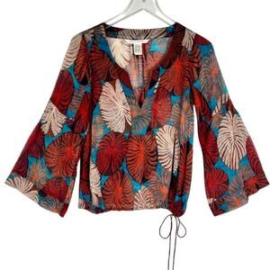 Diane Von Furstenberg Women's Silk Cotton Top 0 Long Sleeve Printed Blouse